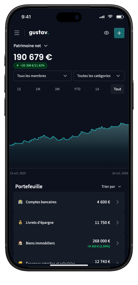 L'application Gustav sur mobile, avec le patrimoine net du foyer et la liste des transactions